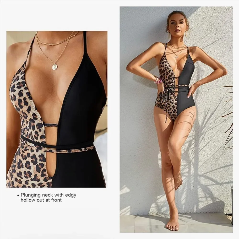 🆕 Snake Skin Plunge Criss Cross Tie Knot One Piece Bikini Swimsuit - Picture 3 of 4